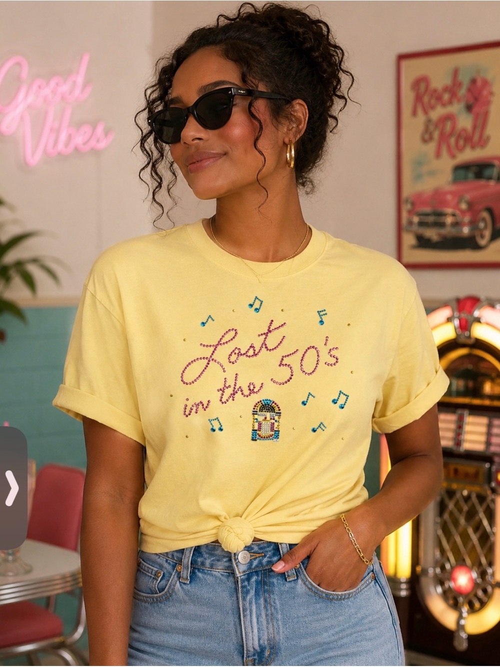 Vintage-Inspired 'Lost in the 50s' Yellow Graphic Tee